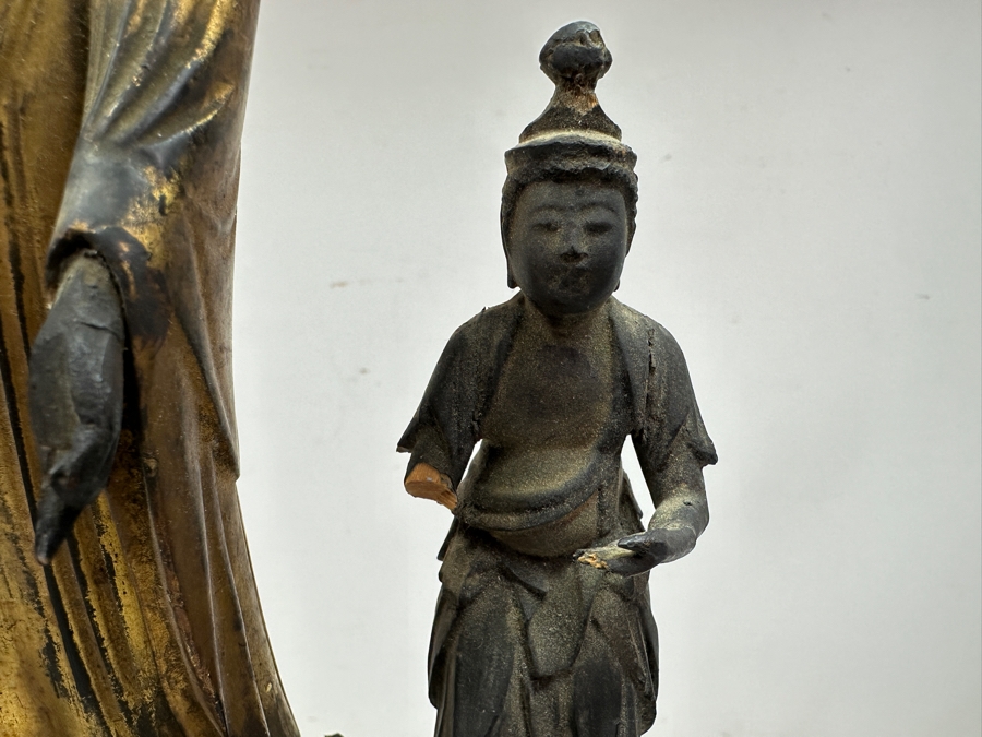 Just Added - Antique Wooden Carving Of A Standing Amida Buddha With Two Figures Circa 1600AD With Original 1964 Receipt - See Photos For Several Chips 7.5'W X 11.5'H [Photo 7]