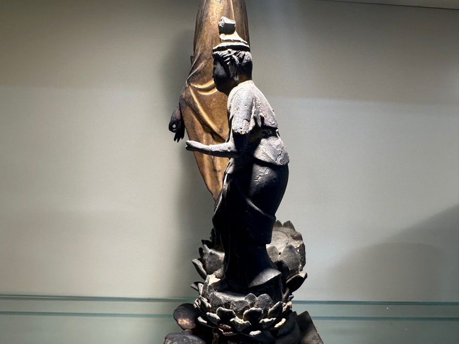 Just Added - Antique Wooden Carving Of A Standing Amida Buddha With Two Figures Circa 1600AD With Original 1964 Receipt - See Photos For Several Chips 7.5'W X 11.5'H [Photo 33]