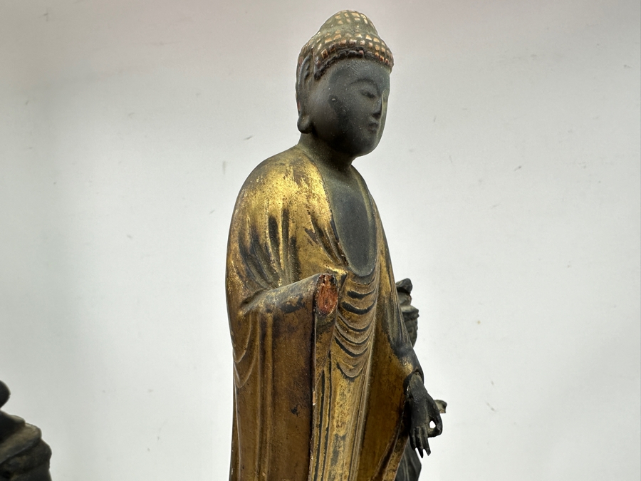 Just Added - Antique Wooden Carving Of A Standing Amida Buddha With Two Figures Circa 1600AD With Original 1964 Receipt - See Photos For Several Chips 7.5'W X 11.5'H [Photo 21]