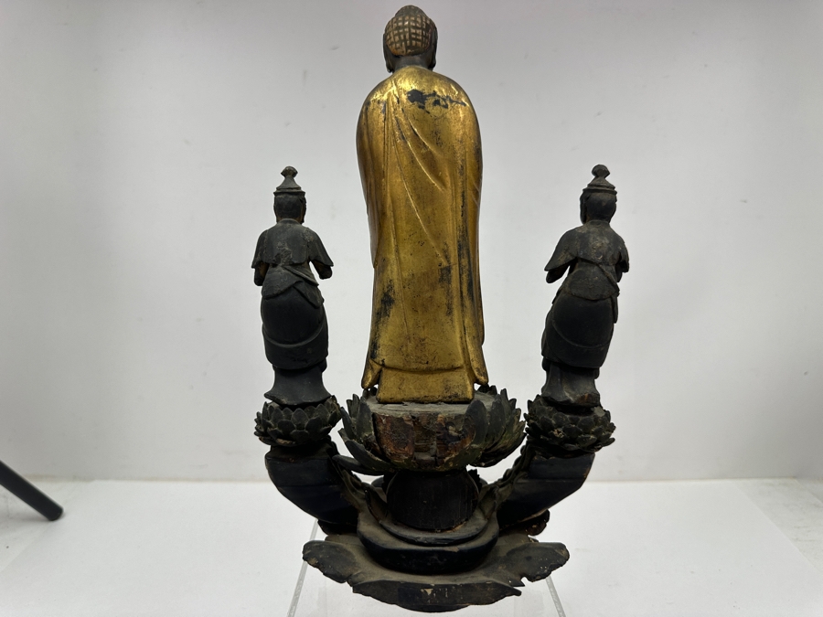 Just Added - Antique Wooden Carving Of A Standing Amida Buddha With Two Figures Circa 1600AD With Original 1964 Receipt - See Photos For Several Chips 7.5'W X 11.5'H [Photo 15]