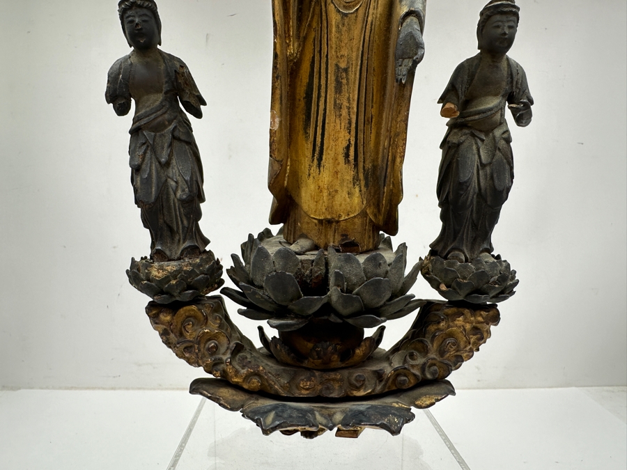 Just Added - Antique Wooden Carving Of A Standing Amida Buddha With Two Figures Circa 1600AD With Original 1964 Receipt - See Photos For Several Chips 7.5'W X 11.5'H [Photo 12]