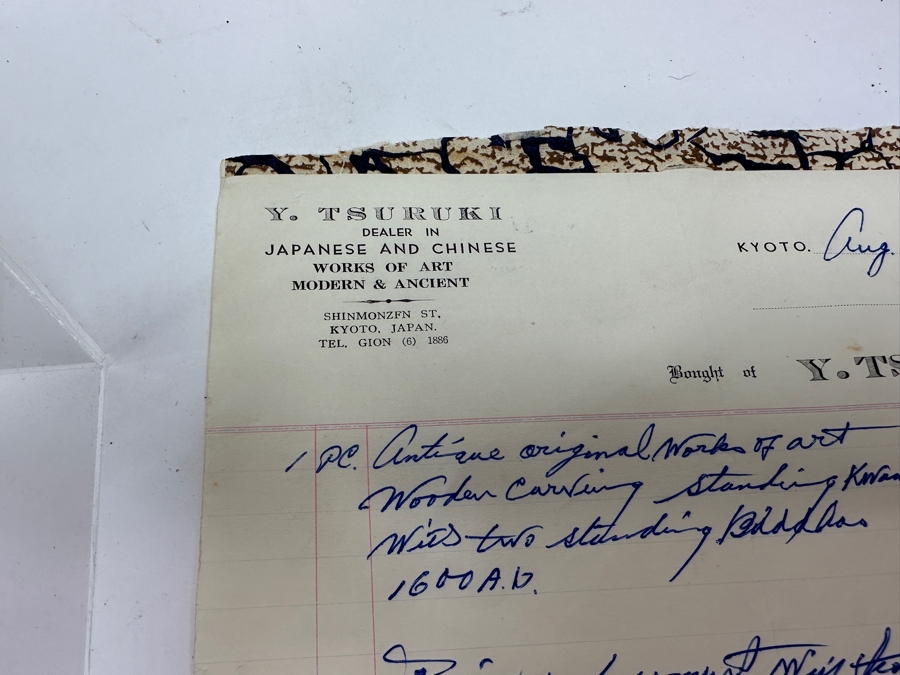 Just Added - Antique Wooden Carving Of A Standing Amida Buddha With Two Figures Circa 1600AD With Original 1964 Receipt - See Photos For Several Chips 7.5'W X 11.5'H [Photo 20]