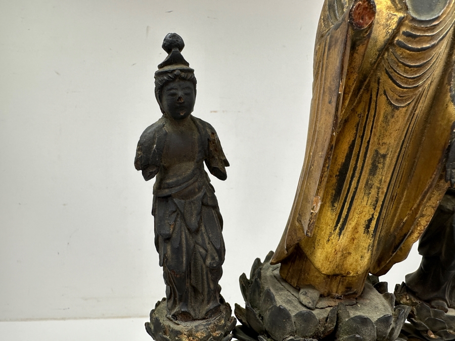 Just Added - Antique Wooden Carving Of A Standing Amida Buddha With Two Figures Circa 1600AD With Original 1964 Receipt - See Photos For Several Chips 7.5'W X 11.5'H [Photo 9]