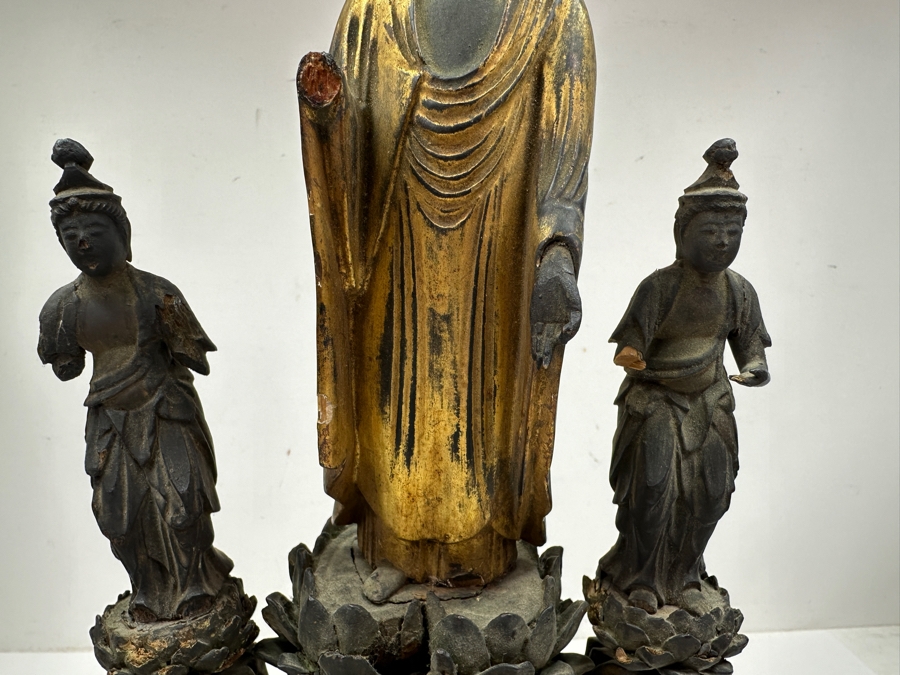 Just Added - Antique Wooden Carving Of A Standing Amida Buddha With Two Figures Circa 1600AD With Original 1964 Receipt - See Photos For Several Chips 7.5'W X 11.5'H [Photo 3]