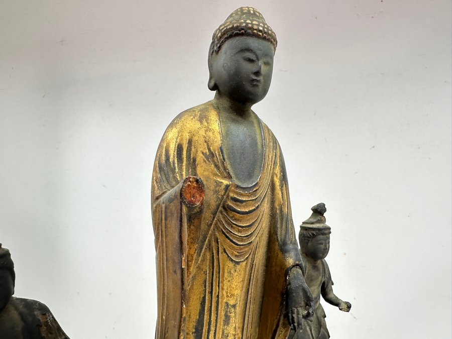 Just Added - Antique Wooden Carving Of A Standing Amida Buddha With Two Figures Circa 1600AD With Original 1964 Receipt - See Photos For Several Chips 7.5'W X 11.5'H [Photo 23]