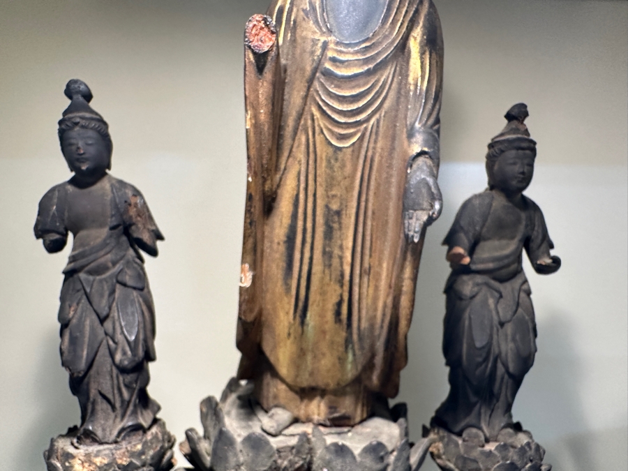 Just Added - Antique Wooden Carving Of A Standing Amida Buddha With Two Figures Circa 1600AD With Original 1964 Receipt - See Photos For Several Chips 7.5'W X 11.5'H [Photo 28]