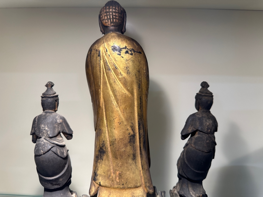 Just Added - Antique Wooden Carving Of A Standing Amida Buddha With Two Figures Circa 1600AD With Original 1964 Receipt - See Photos For Several Chips 7.5'W X 11.5'H [Photo 35]