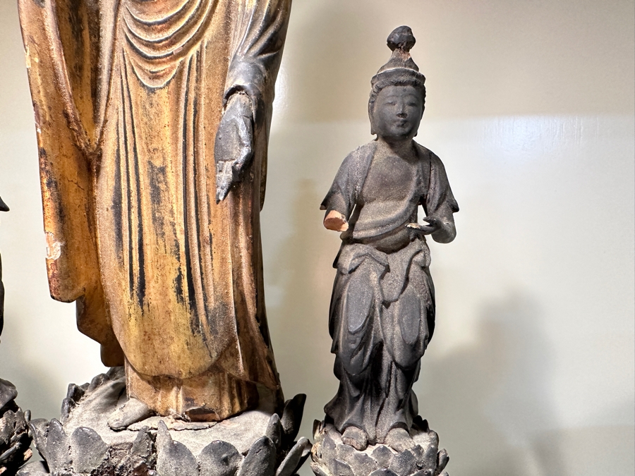 Just Added - Antique Wooden Carving Of A Standing Amida Buddha With Two Figures Circa 1600AD With Original 1964 Receipt - See Photos For Several Chips 7.5'W X 11.5'H [Photo 31]