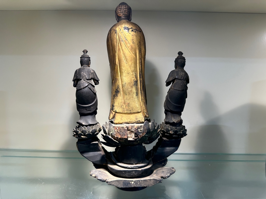 Just Added - Antique Wooden Carving Of A Standing Amida Buddha With Two Figures Circa 1600AD With Original 1964 Receipt - See Photos For Several Chips 7.5'W X 11.5'H [Photo 34]