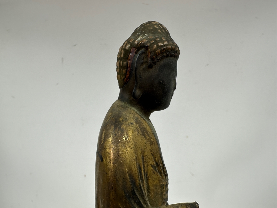 Just Added - Antique Wooden Carving Of A Standing Amida Buddha With Two Figures Circa 1600AD With Original 1964 Receipt - See Photos For Several Chips 7.5'W X 11.5'H [Photo 22]