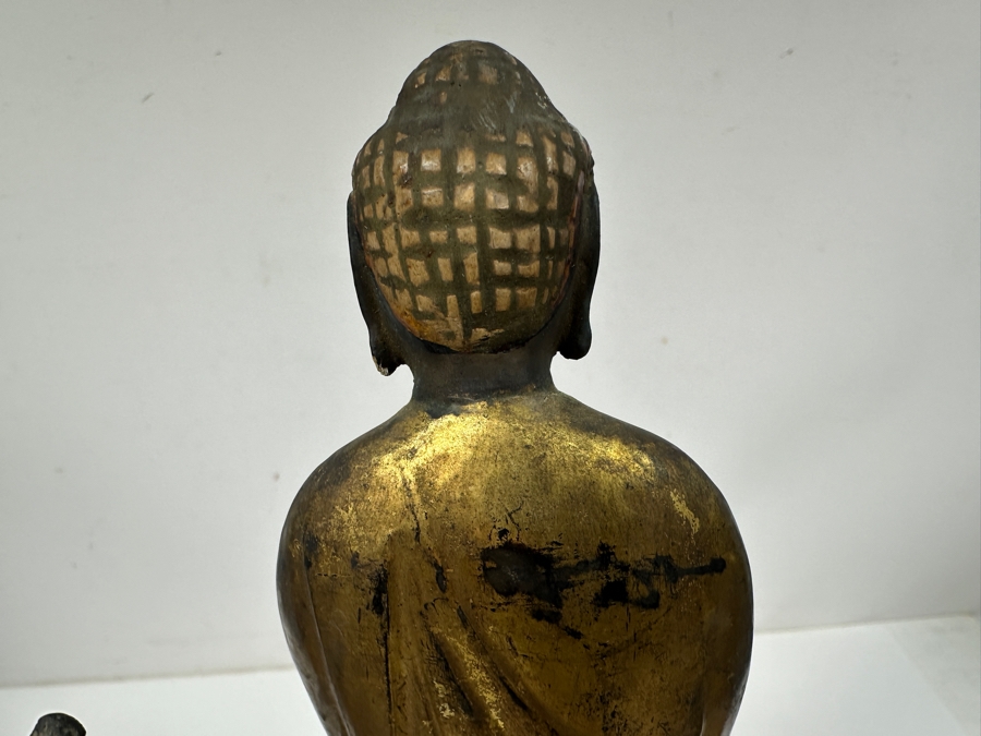 Just Added - Antique Wooden Carving Of A Standing Amida Buddha With Two Figures Circa 1600AD With Original 1964 Receipt - See Photos For Several Chips 7.5'W X 11.5'H [Photo 17]