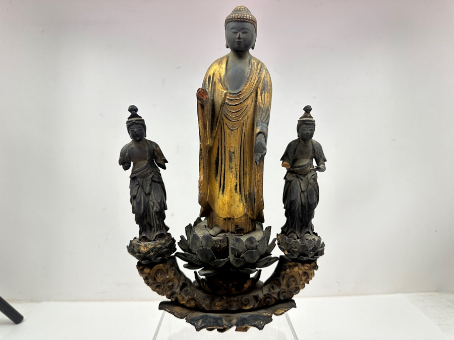 Just Added - Antique Wooden Carving Of A Standing Amida Buddha With Two Figures Circa 1600AD With Original 1964 Receipt - See Photos For Several Chips 7.5'W X 11.5'H [Photo 14]