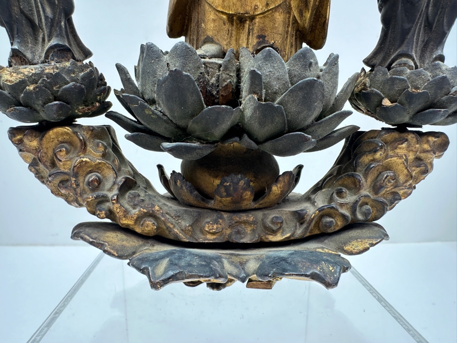 Just Added - Antique Wooden Carving Of A Standing Amida Buddha With Two Figures Circa 1600AD With Original 1964 Receipt - See Photos For Several Chips 7.5'W X 11.5'H [Photo 11]