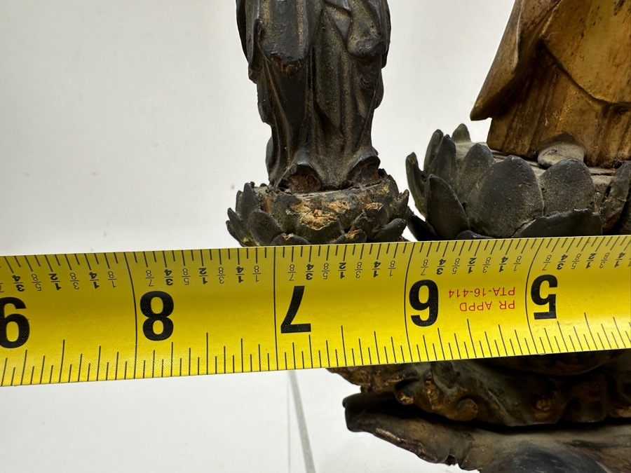 Just Added - Antique Wooden Carving Of A Standing Amida Buddha With Two Figures Circa 1600AD With Original 1964 Receipt - See Photos For Several Chips 7.5'W X 11.5'H [Photo 25]