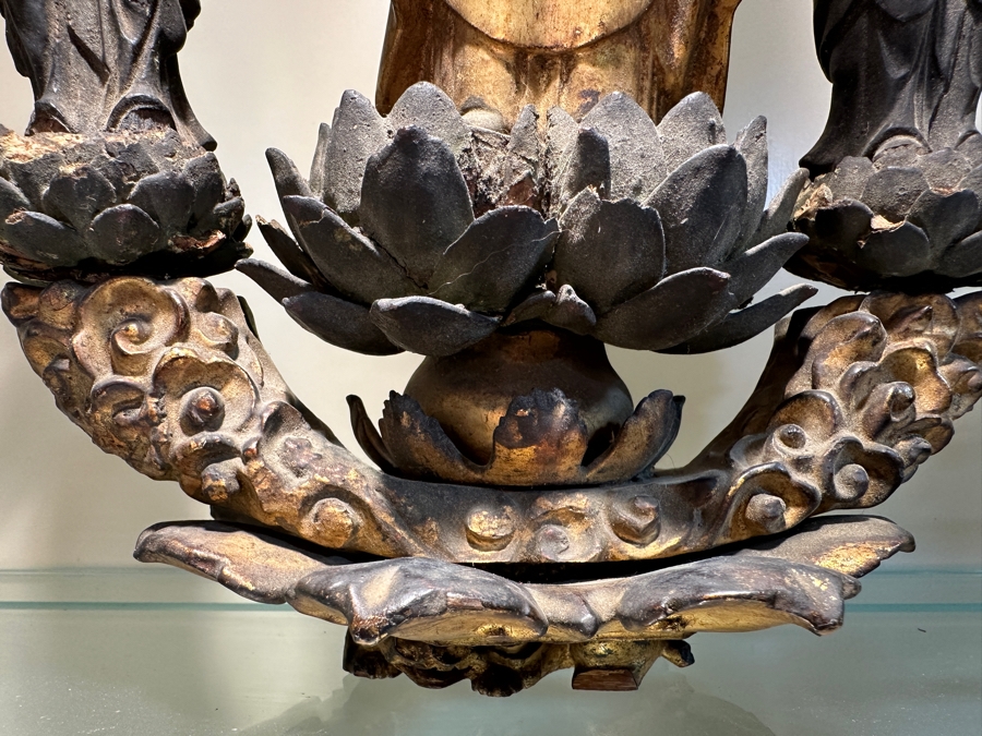 Just Added - Antique Wooden Carving Of A Standing Amida Buddha With Two Figures Circa 1600AD With Original 1964 Receipt - See Photos For Several Chips 7.5'W X 11.5'H [Photo 29]