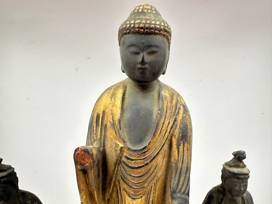 Just Added - Antique Wooden Carving Of A Standing Amida Buddha With Two Figures Circa 1600AD With Original 1964 Receipt - See Photos For Several Chips 7.5'W X 11.5'H [Photo 2]