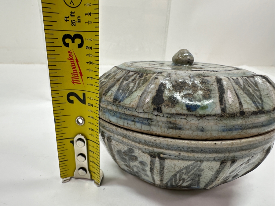 Just Added - Antique Thai Sawankhalok Hand Painted Ceramic Covered Box (Several Chips On Inside Of Rim Of Box) 4'W X 2.75'H [Photo 11]