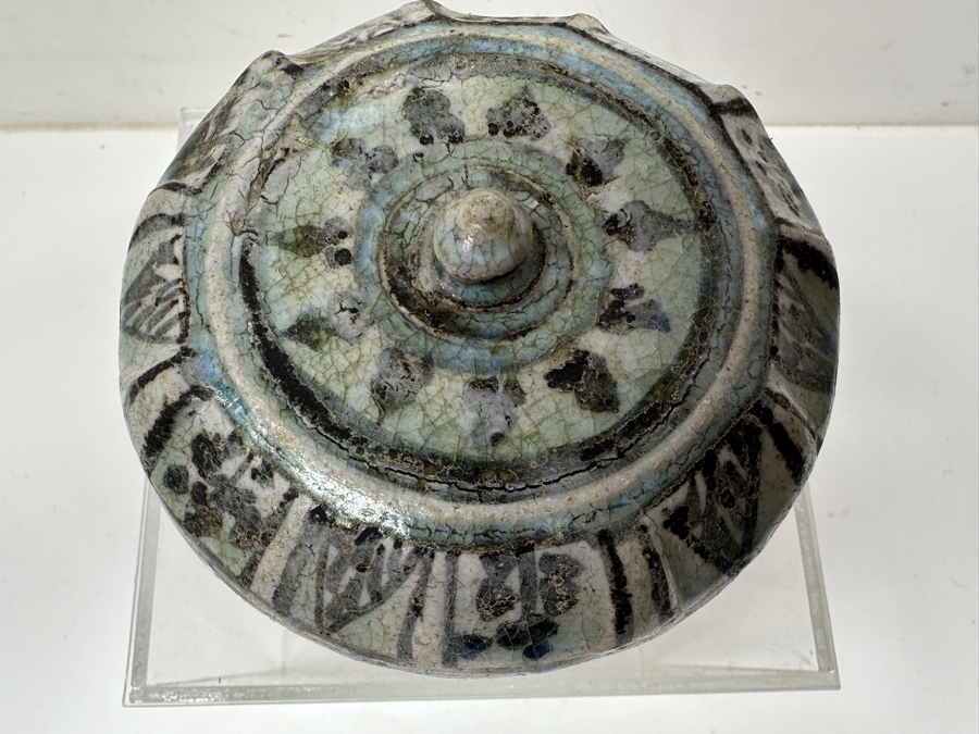 Just Added - Antique Thai Sawankhalok Hand Painted Ceramic Covered Box (Several Chips On Inside Of Rim Of Box) 4'W X 2.75'H [Photo 4]