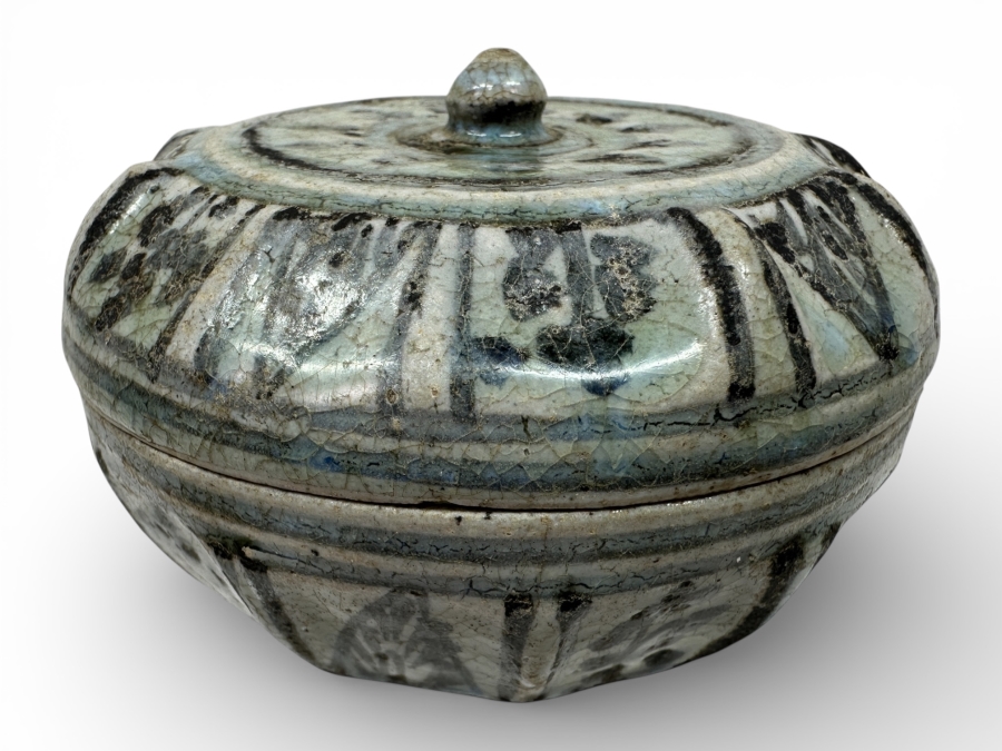 Just Added - Antique Thai Sawankhalok Hand Painted Ceramic Covered Box (Several Chips On Inside Of Rim Of Box) 4'W X 2.75'H