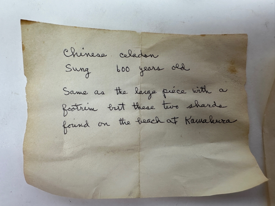 Just Added - (3) Antique Chinese Celadon Shards (One With Footrim) Over 600 Years Old - Given As A Gift From Professor Fujio Koyama (1900-1975) In 1956 (A Japanese Scholar Of Japanese And Chinese Pottery & Porcelain) [Photo 7]