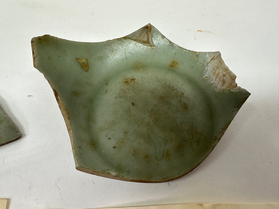 Just Added - (3) Antique Chinese Celadon Shards (One With Footrim) Over 600 Years Old - Given As A Gift From Professor Fujio Koyama (1900-1975) In 1956 (A Japanese Scholar Of Japanese And Chinese Pottery & Porcelain) [Photo 2]