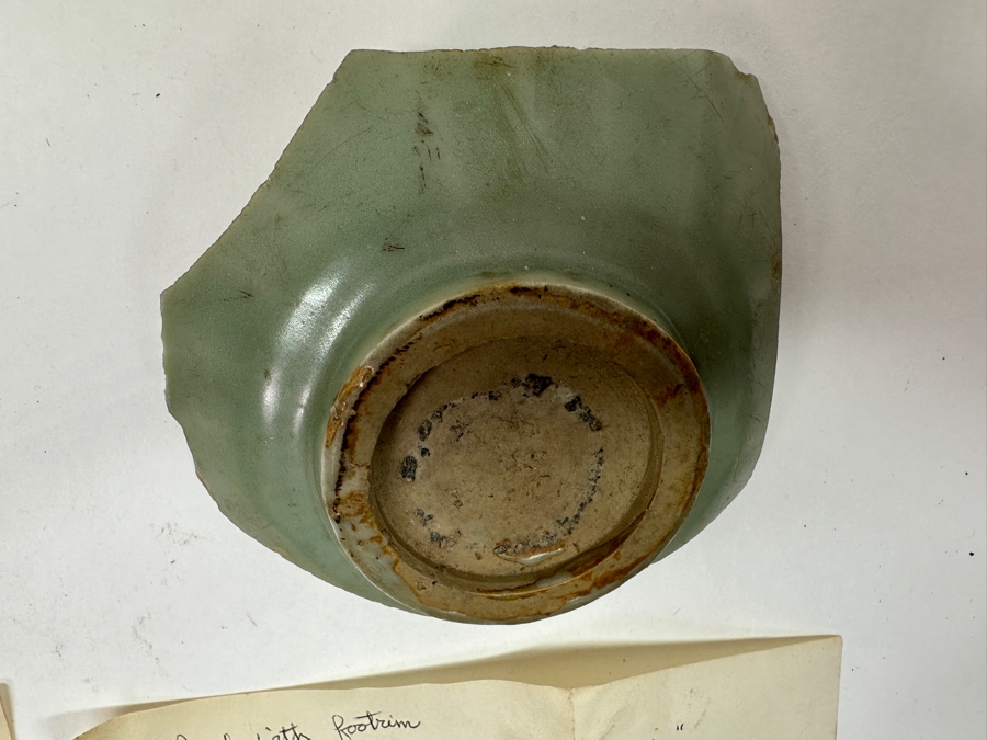 Just Added - (3) Antique Chinese Celadon Shards (One With Footrim) Over 600 Years Old - Given As A Gift From Professor Fujio Koyama (1900-1975) In 1956 (A Japanese Scholar Of Japanese And Chinese Pottery & Porcelain) [Photo 5]