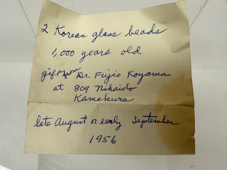 Just Added - (2) Antique Korean Glass Beads Over 1,000 Years Old - Given As A Gift From Professor Fujio Koyama (1900-1975) In 1956 (A Japanese Scholar Of Japanese And Chinese Pottery & Porcelain) [Photo 3]
