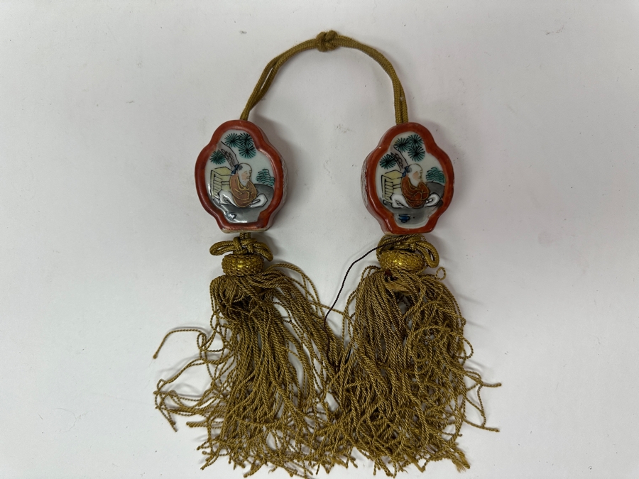 Just Added - Pair Of Vintage Japanese Porcelain Fuchin Hanging Scroll Weights [Photo 2]