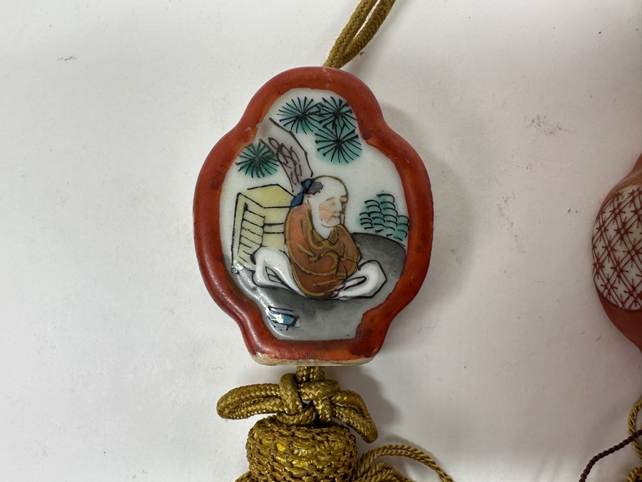 Just Added - Pair Of Vintage Japanese Porcelain Fuchin Hanging Scroll Weights [Photo 3]