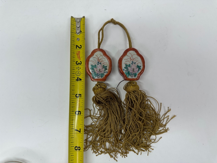 Just Added - Pair Of Vintage Japanese Porcelain Fuchin Hanging Scroll Weights [Photo 7]