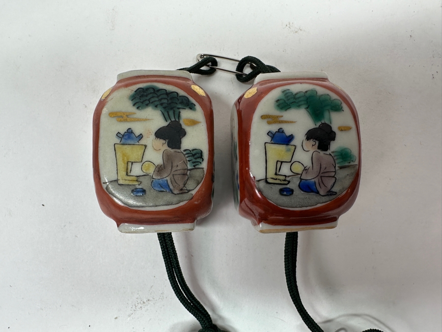 Just Added - Pair Of Vintage Japanese Porcelain Fuchin Hanging Scroll Weights [Photo 5]
