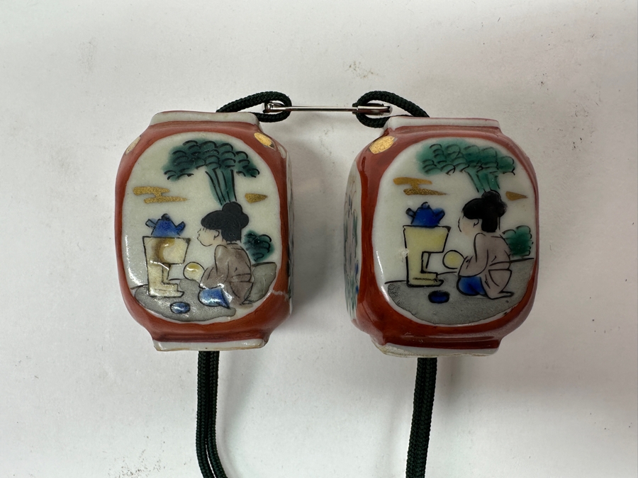 Just Added - Pair Of Vintage Japanese Porcelain Fuchin Hanging Scroll Weights [Photo 3]