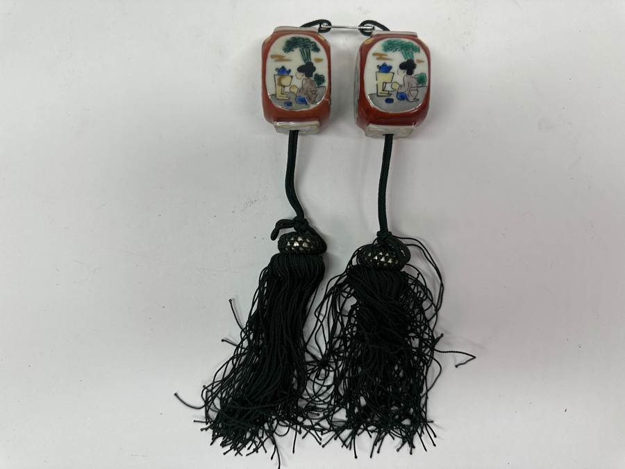 Just Added - Pair Of Vintage Japanese Porcelain Fuchin Hanging Scroll Weights [Photo 2]