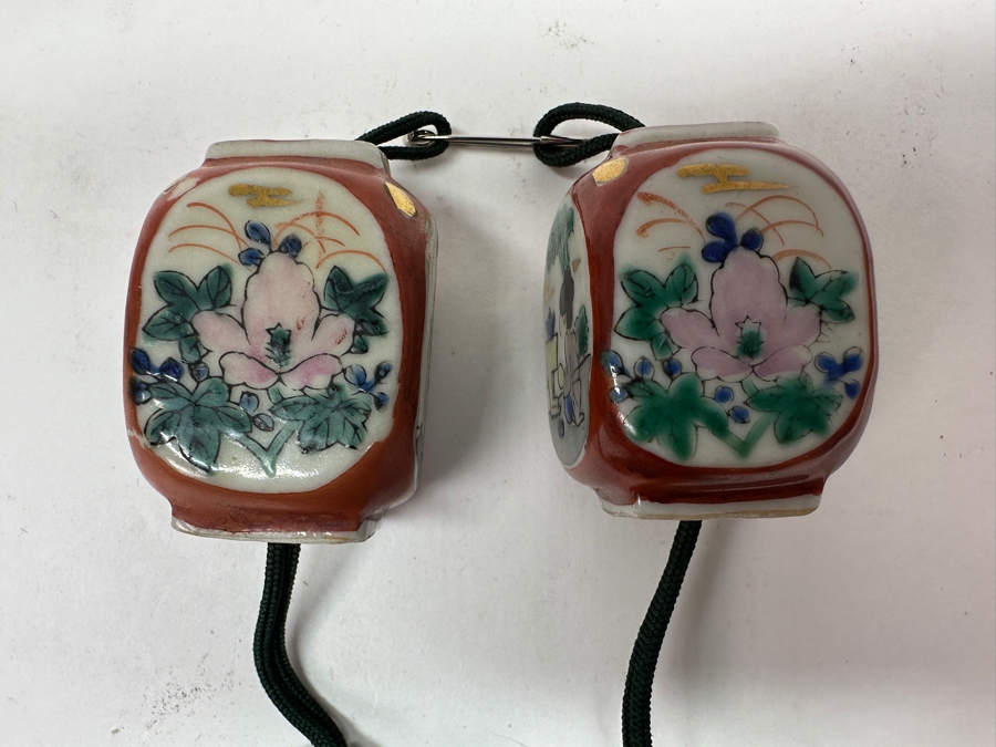 Just Added - Pair Of Vintage Japanese Porcelain Fuchin Hanging Scroll Weights [Photo 4]