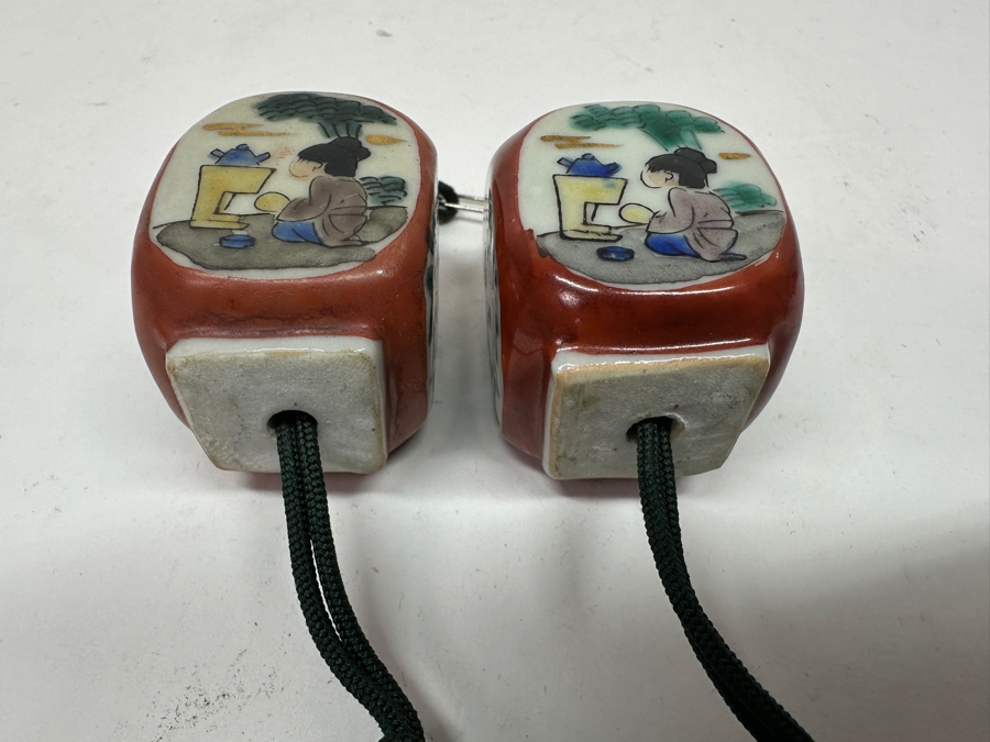 Just Added - Pair Of Vintage Japanese Porcelain Fuchin Hanging Scroll Weights [Photo 6]