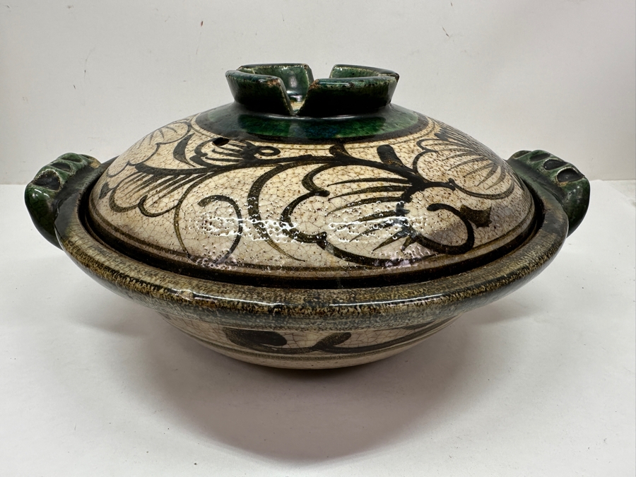 Just Added - Vintage Japanese Donabe Earthenware Cooking Pot With Hand Painted Floral Design 13'W X 6'H [Photo 3]