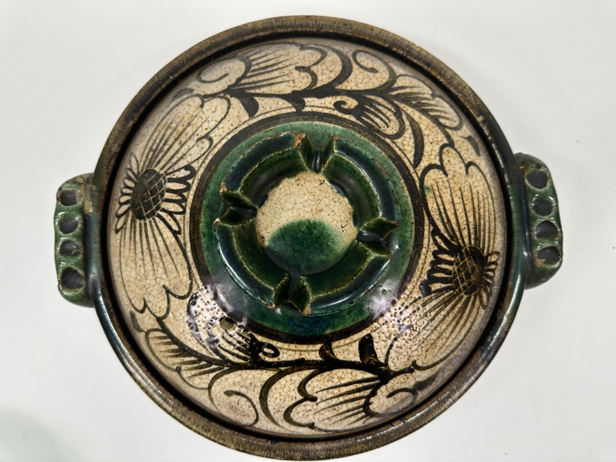 Just Added - Vintage Japanese Donabe Earthenware Cooking Pot With Hand Painted Floral Design 13'W X 6'H [Photo 2]