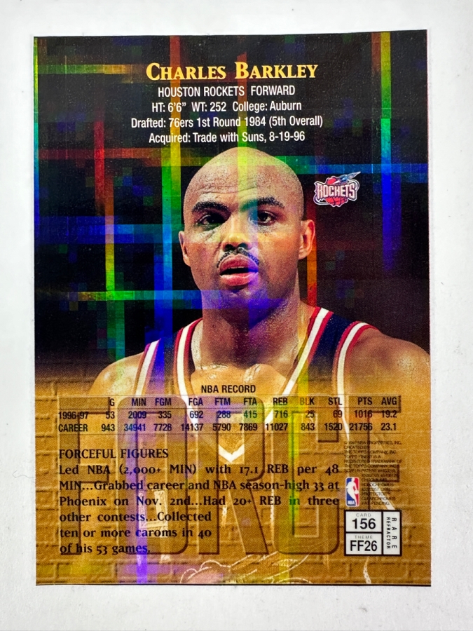 Vintage 1997-98 Topps Finest 'Force' Gold Refractor Charles Barkley Basketball Card  [Photo 2]