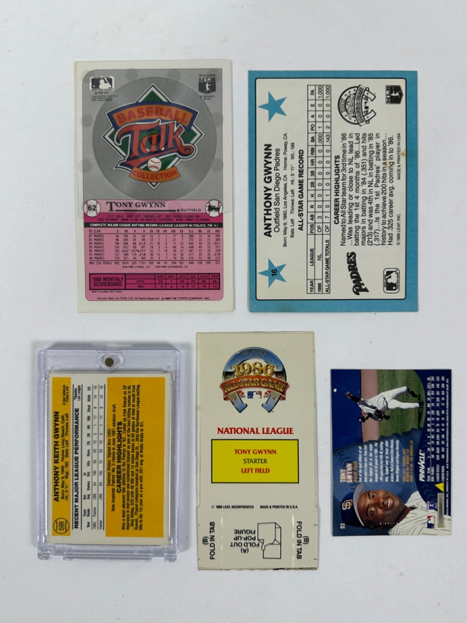 Collection Of Vintage Tony Gwynn Baseball Cards Featuring His Rookie Card From The 1980s - Early 1990s Including Cards From Topps, Donruss, Upper Deck, And Pinnacle [Photo 7]