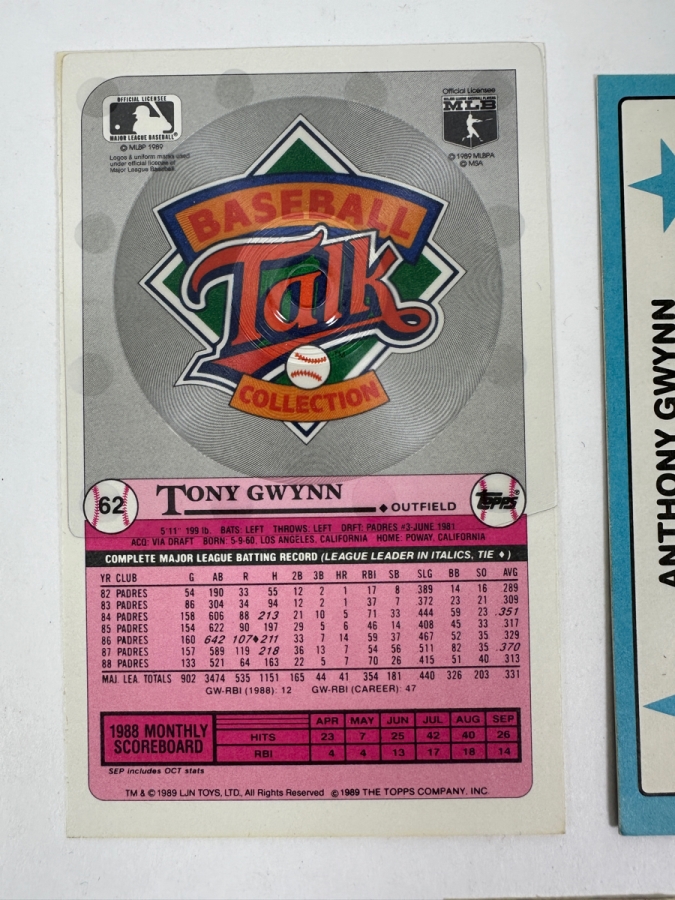 Collection Of Vintage Tony Gwynn Baseball Cards Featuring His Rookie Card From The 1980s - Early 1990s Including Cards From Topps, Donruss, Upper Deck, And Pinnacle [Photo 9]