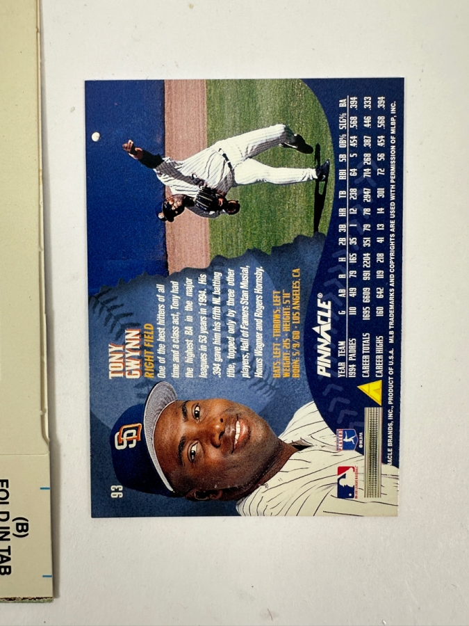 Collection Of Vintage Tony Gwynn Baseball Cards Featuring His Rookie Card From The 1980s - Early 1990s Including Cards From Topps, Donruss, Upper Deck, And Pinnacle [Photo 12]