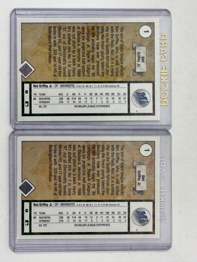 (2) 1989 Upper Deck #1 Ken Griffey Jr. Rookie Baseball Card [Photo 3]