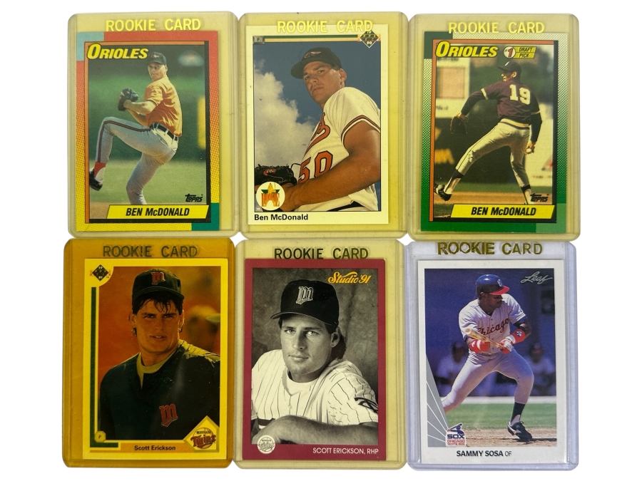 (6) Vintage Rookie Baseball Cards Featuring Baltimore Orioles Pitcher Ben McDonald, Minnesota Twins Pitcher Scott Erickson, And Chicago White Sox Outfielder Sammy Sosa