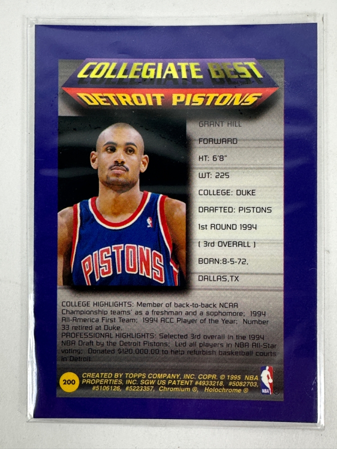 1994-95 Topps Finest Grant Hill Rookie Card (#200) Featuring The 'Collegiate Best' Design [Photo 2]