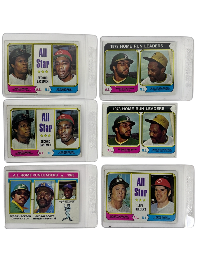 1974 Topps #202 1973 Home Run Leaders Reggie Jackson and Willie Stargell, #203 RBI Leaders; 1974 Topps 'All-Star' Cards with Rod Carew, Joe Morgan, and Pete Rose
