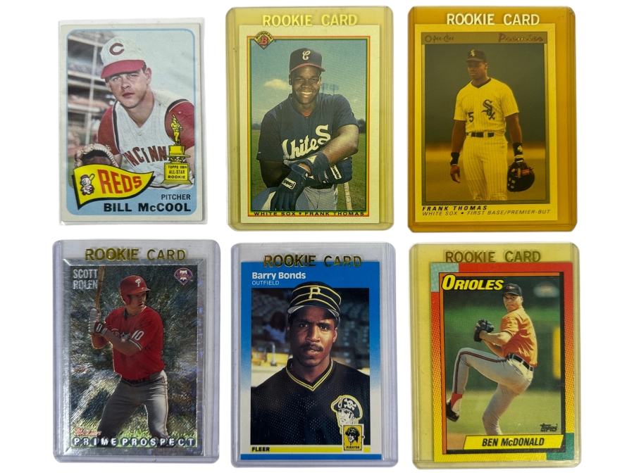 (6) Rookie Baseball Cards: 1990 Bowman Frank Thomas Rookie Card, 1991 O-Pee-Chee Premier Frank Thomas Rookie Card, 1987 Fleer Barry Bonds Rookie Card, 1964 Topps Bill McCool Card, 1997 Bowman's Best Scott Rolen Card, And 1990 Fleer Ben McDonald Card