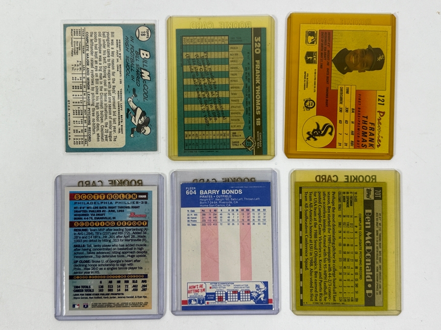 (6) Rookie Baseball Cards: 1990 Bowman Frank Thomas Rookie Card, 1991 O-Pee-Chee Premier Frank Thomas Rookie Card, 1987 Fleer Barry Bonds Rookie Card, 1964 Topps Bill McCool Card, 1997 Bowman's Best Scott Rolen Card, And 1990 Fleer Ben McDonald Card [Photo 7]