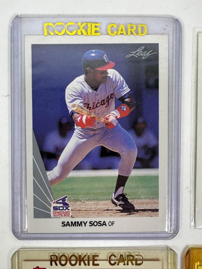 (6) Rookie Baseball Cards: (2) 1990 Leaf #220 Sammy Sosa Rookie Cards, 1991 Upper Deck #246 Frank Thomas Card, 1991 Topps Major League Debut #45 Card, Bo Jackson Rookie Card and 1989 Upper Deck #1 Ken Griffey Jr. Rookie Card [Photo 2]
