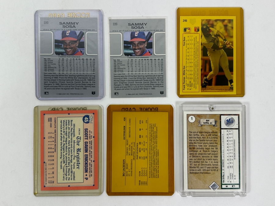 (6) Rookie Baseball Cards: (2) 1990 Leaf #220 Sammy Sosa Rookie Cards, 1991 Upper Deck #246 Frank Thomas Card, 1991 Topps Major League Debut #45 Card, Bo Jackson Rookie Card and 1989 Upper Deck #1 Ken Griffey Jr. Rookie Card [Photo 8]