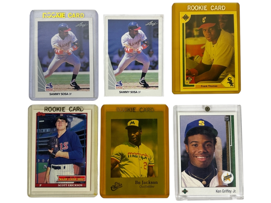 (6) Rookie Baseball Cards: (2) 1990 Leaf #220 Sammy Sosa Rookie Cards, 1991 Upper Deck #246 Frank Thomas Card, 1991 Topps Major League Debut #45 Card, Bo Jackson Rookie Card and 1989 Upper Deck #1 Ken Griffey Jr. Rookie Card